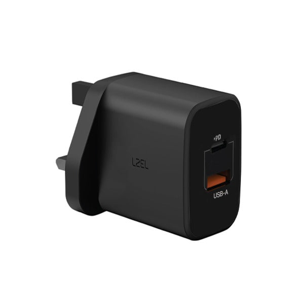 VoltixCharge شاحن حائط بقوة 35 واط من ليزل ثنائي المنفذ USB-A USB-C بتقنية GaN | أسود VoltixCharge شاحن حائط بقوة 35 واط من ليزل ثنائي المنفذ USB-A USB-C بتقنية GaN | أسود
